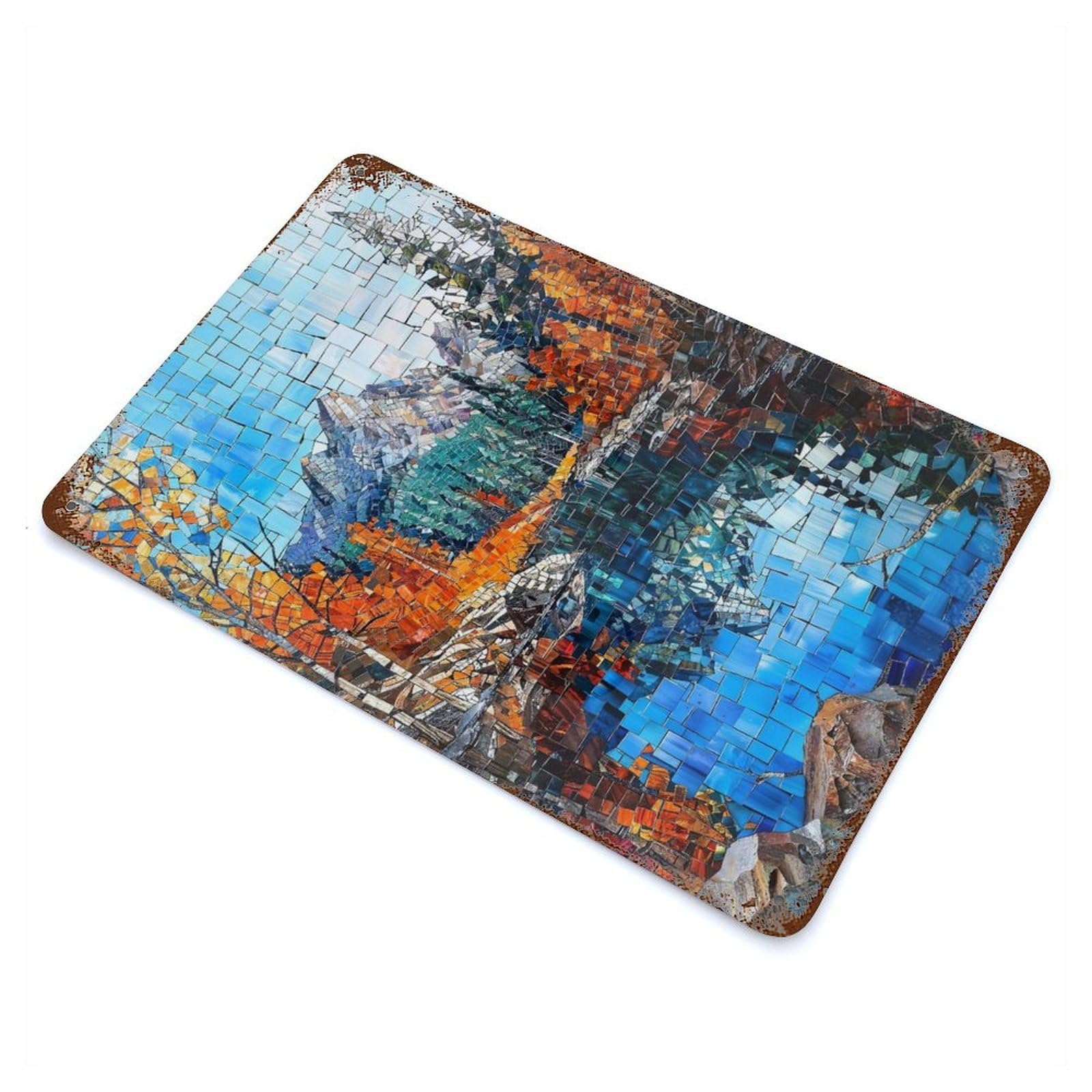 Mosaic Mountain Reflection Rustic Tin Plaque 11.8"x7.9", for Shed, Workshop And Garage Wall Decor, Rustic Home Decor