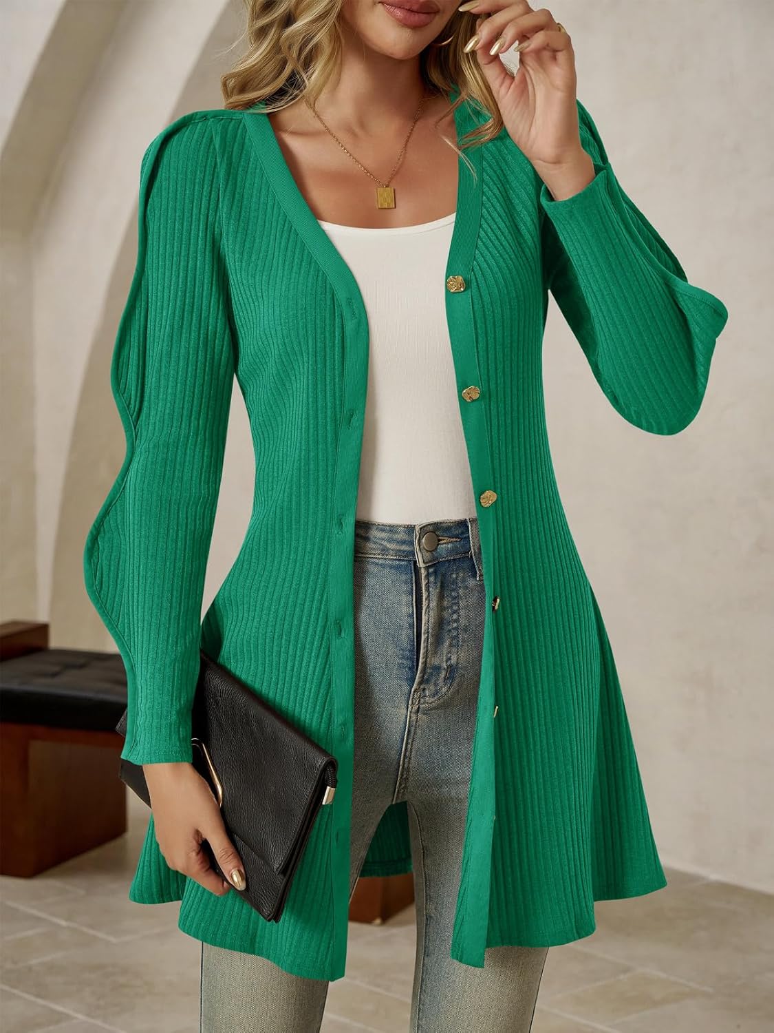 Wenrine Womens Puff Long Sleeve Sweater Dress Casual Button Down V Neck Ribbed Knit A Line Party Fall Mini Dresses - Image 5