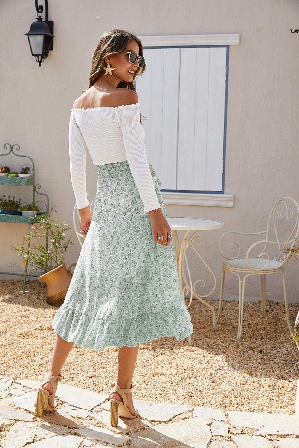 ThCreasa Womens Boho Floral Print High Waisted Wrap Skirts Ruffle Hem Tie Knot Summer Chiffon Flowy Midi Skirts - Image 4