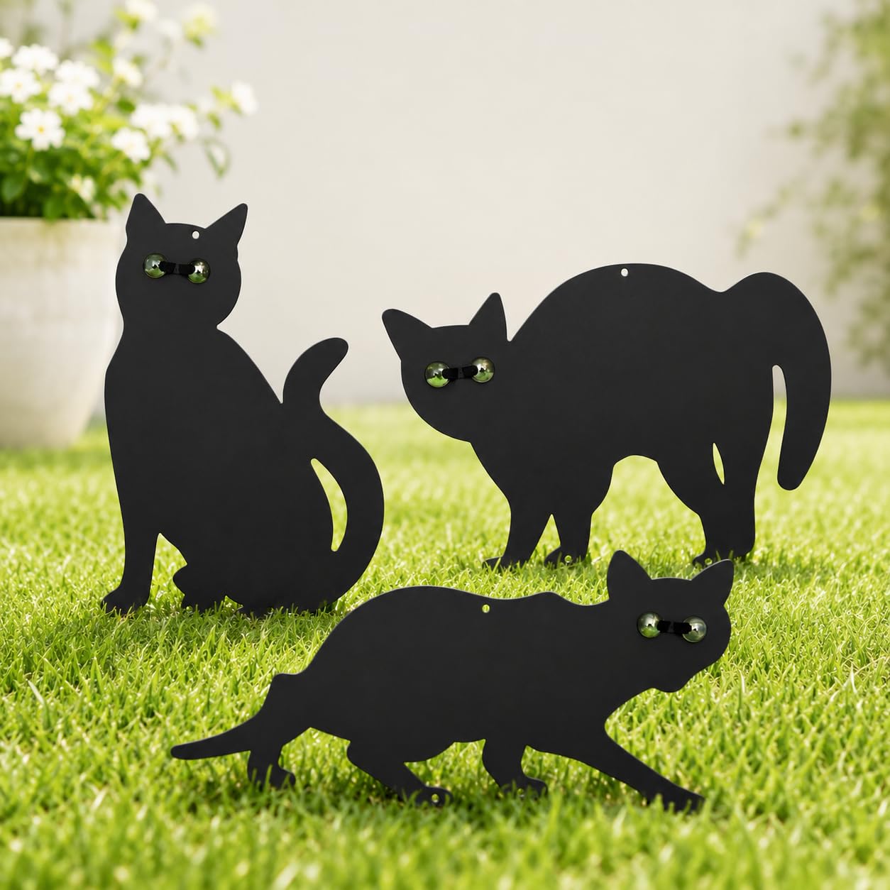 Garden Mile Paquete de 3 Recubrimiento Negro Gato De Metal (Pájaro, Animal,Fox Humano Control De Plagas) Espantapájaros,Jardín Silvestre Repelente De Animales, pájaro Detergente