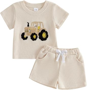 Toddler Baby Boy Outfit 12 18 24 Months 2T 3T 4T Summer Clothes Excavator Embroidered Striped T-shirts and Shorts