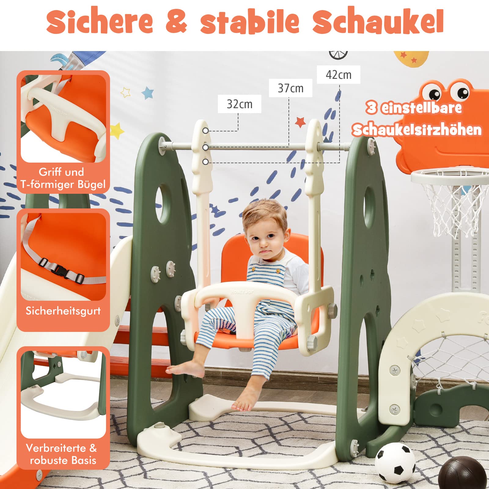 DREAMADE 5 in 1 Kinderrutsche mit Schaukel und Basketballkorb Fußballtor Golfloch, Kinder Rutsche- und Schaukelset, Kinder Spielplatz für Indoor und Outdoor (Orange)