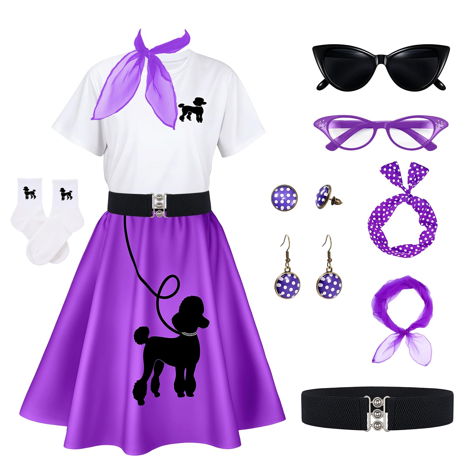 Poodle Skirts for Women 50s Costume Sock Hop Outfits,1950s Poodle Skirts,T-Shir with Scarf Glasses Belt Earring 10Pcs
