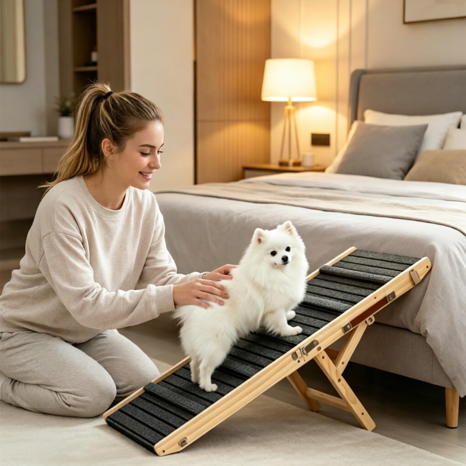 Hunderampe aus Holz, Hunderampe Auto Klappbar mit Nahtloser Verbindung zur Plattform, Klappbar Rampe für Kleine Hunde Katzen, Einstellbar Hunderampe für Sofa, Bett, Auto-bis zu 50kg (M)
