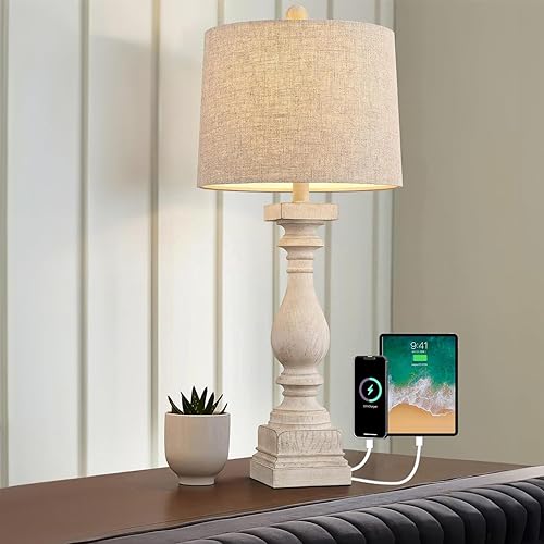 Miniatura 9 de BOBOMOMO Puertos de carga USB retro de 27 pulgadas AC Wash-White Lámparas de granja para dormitorios, lámparas de mesa auxiliar, lámpara de noche