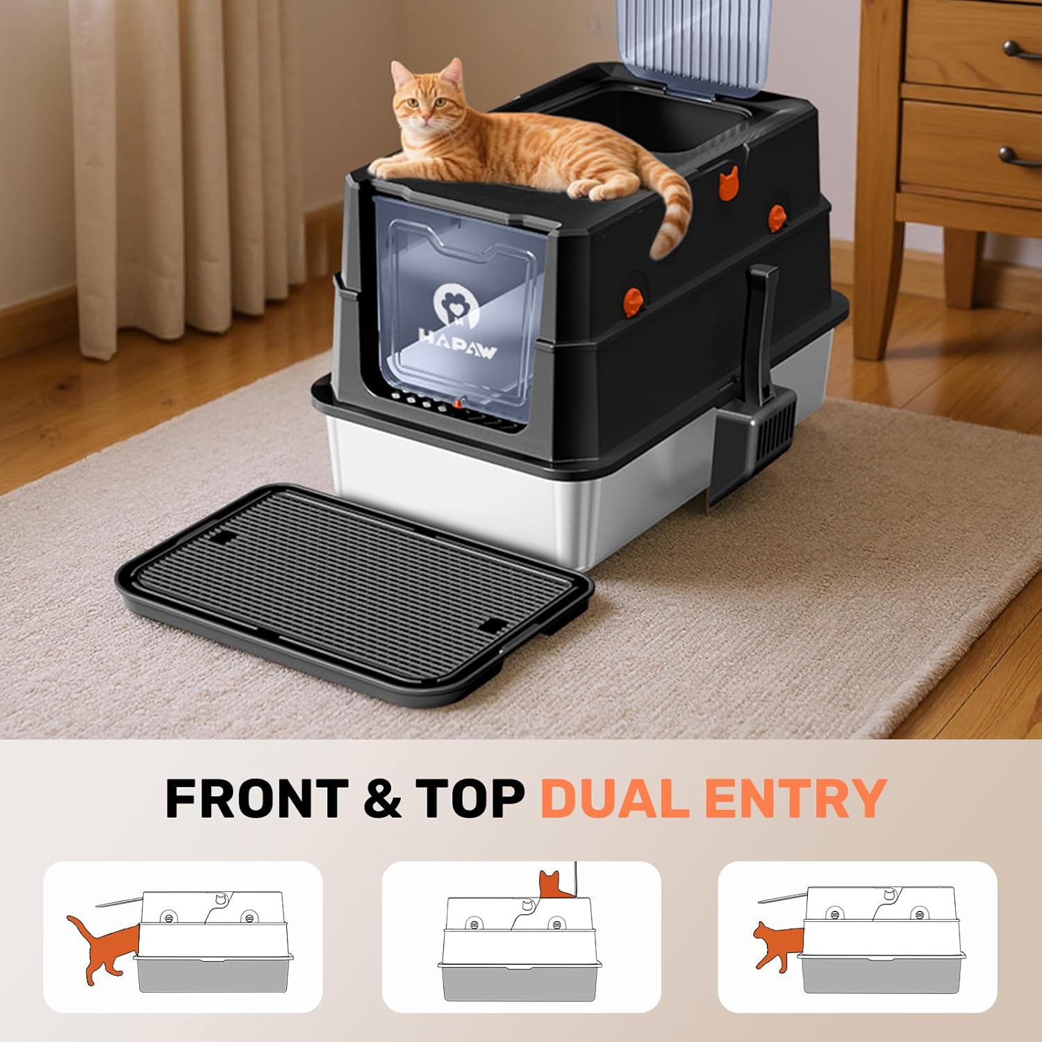 Stainless Steel Litter Box with Lid, Anti-Leakage Enclosed Metal Litter Box, Flip-Top Extra Large Kitty Litter Pan with Scoop & Pedal, Odor Free, Front & Top Dual Entry, Black
