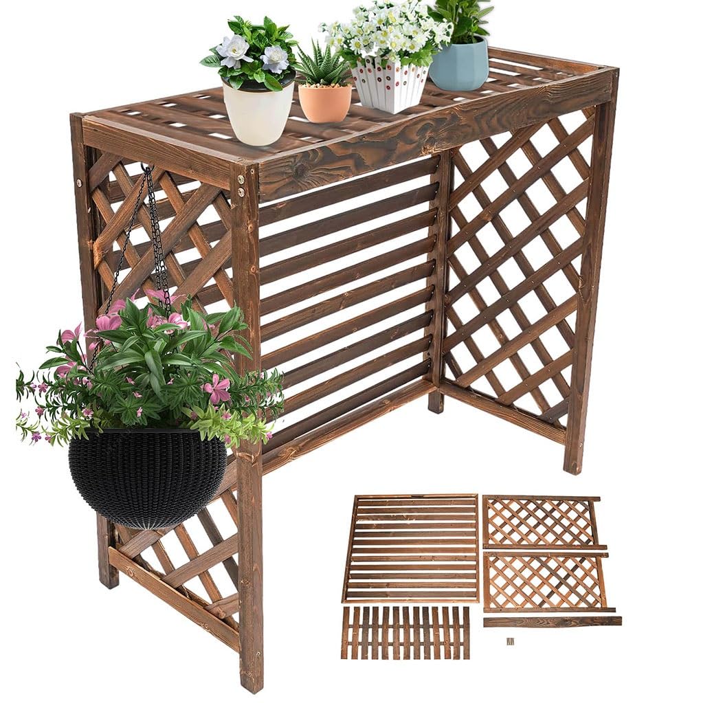 Couverture Climatiseur Extérieur Bois Massif Élégante - Cache Avec Support Fleurs (85x35x75cm)