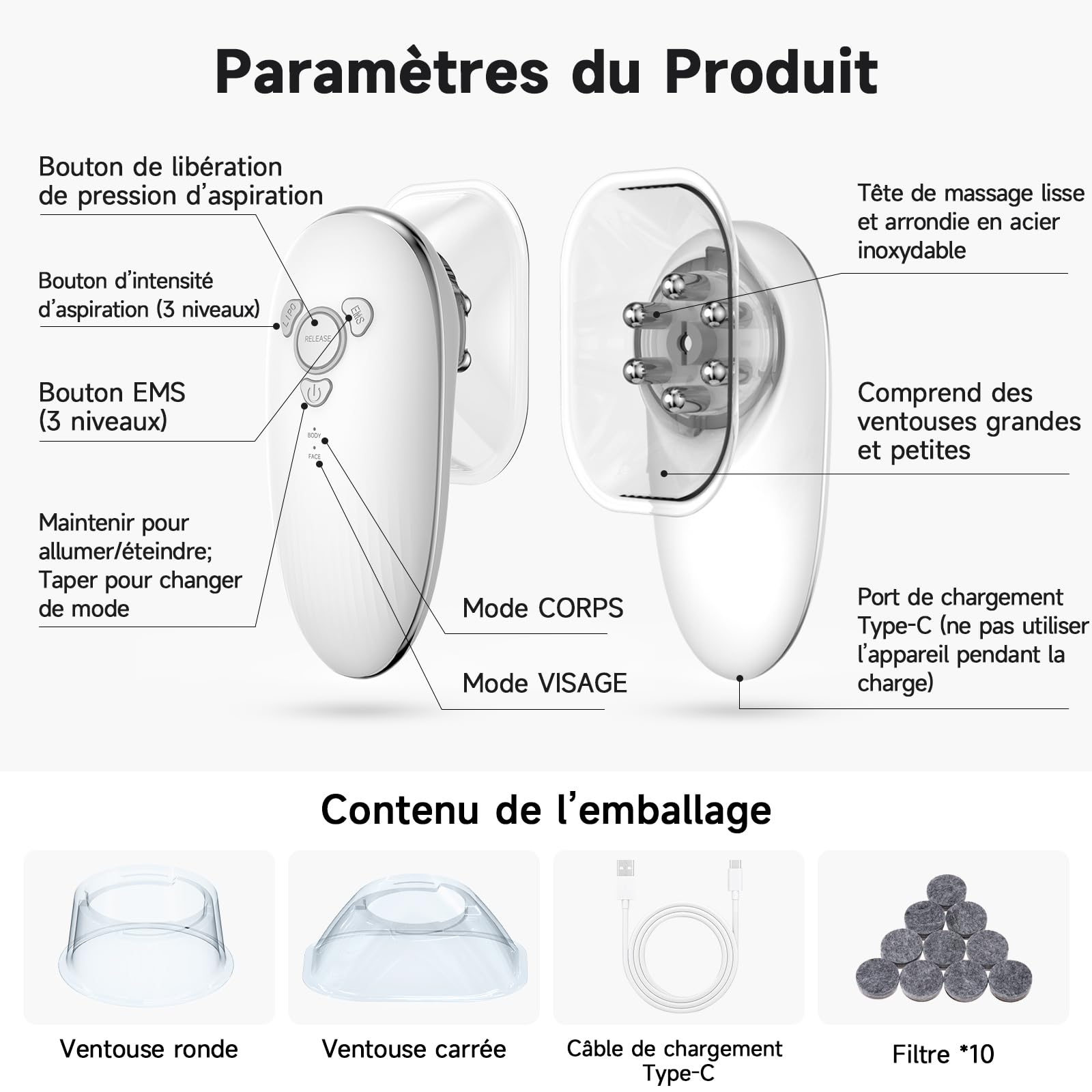 Ventouses 3 en 1 anti-cellulite | Ventouses, EMS, lumière rouge. Ventre/jambes/fessiers, 3–5 min/jour, peau ferme