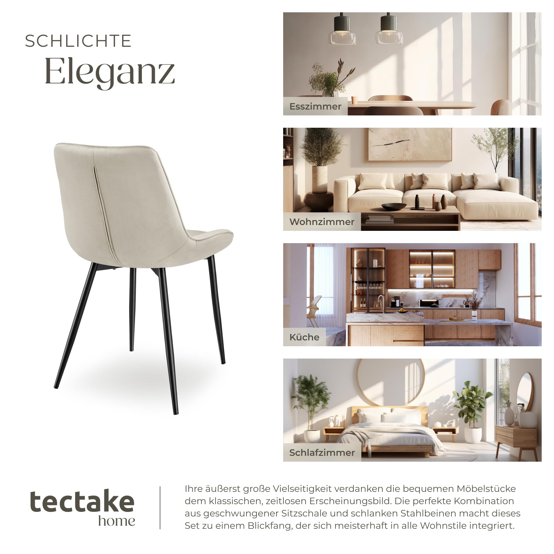 tectake® Esszimmerstühle 4er Set, Samtstoff Stuhl mit Rückenlehne, ergonomische Essstühle, bequemer Küchenstuhl, Esszimmerstuhl, Cocktailsessel für Lounge, Dining, Küchentisch - Creme