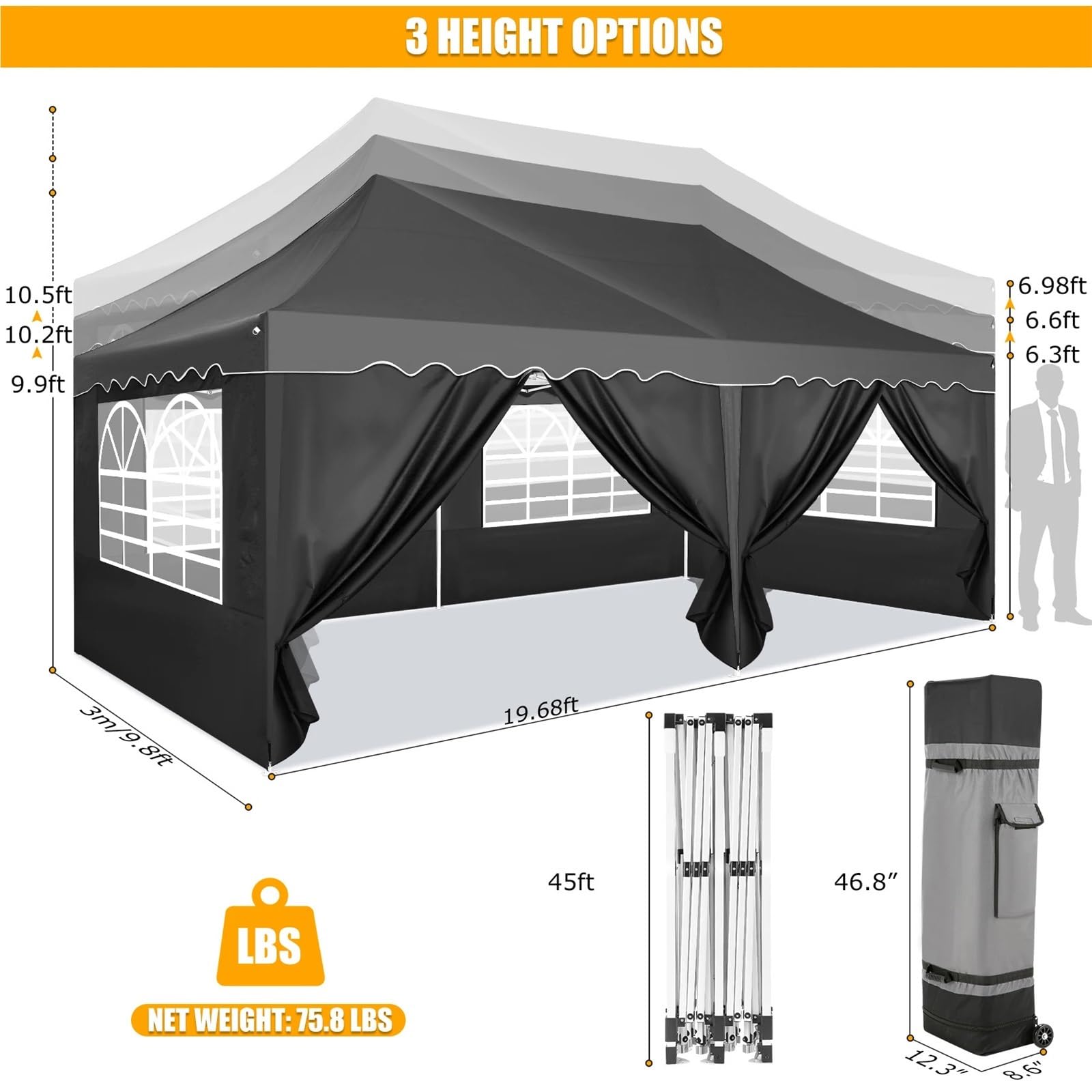 Pop Up Pavillons 3x6m Pop-Up-Pavillonzelt mit 6 Seitenwand-Überdachung, Festzelt, Pavillon, wasserdichtes Partyzelt for Party, Garten, Outdoor, kommerzielle Überdachung(Blue)