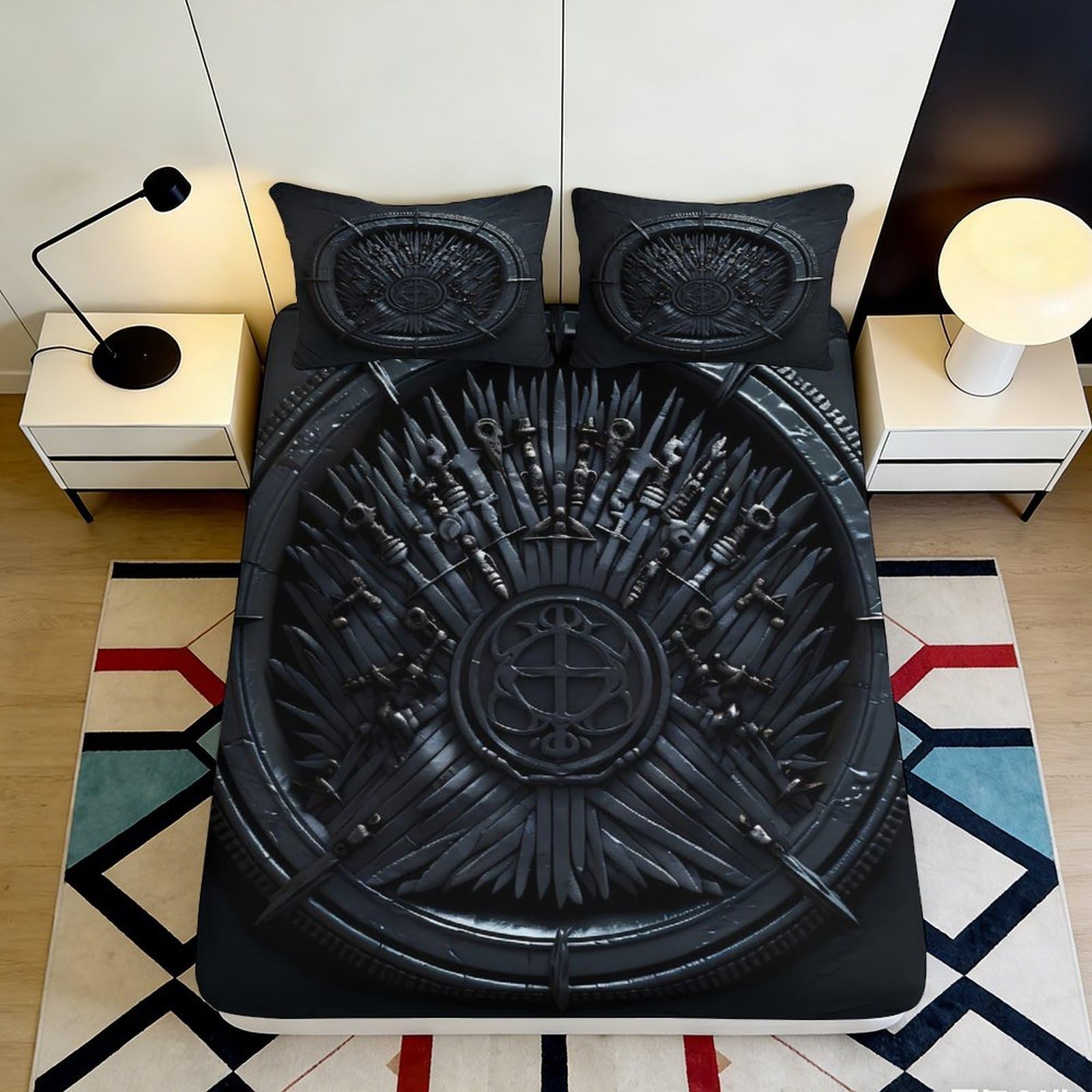 3D Printed Iron Throne Fitted Sheet Microfiber Black Medieval Sword Bed Cover Anti-Slip Washable for Bedroom Dorm Mattress Decor 180x200x25cm