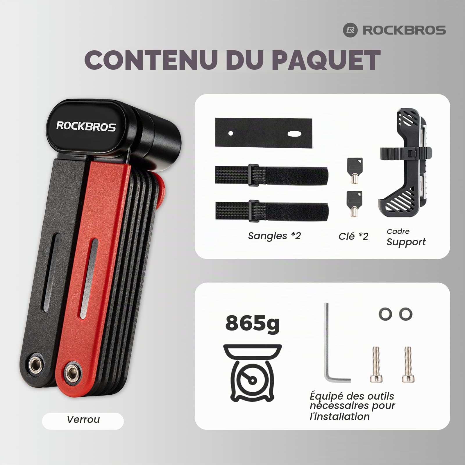 ROCKBROS Antivol Pliable Vélo 120 cm, Antivol pour Vélo Haute Sécurité, Cadenas Vélo Portable Haute Qualité avec Support de Montage pour Vélo VTT Vélo Électrique Moto Scooter