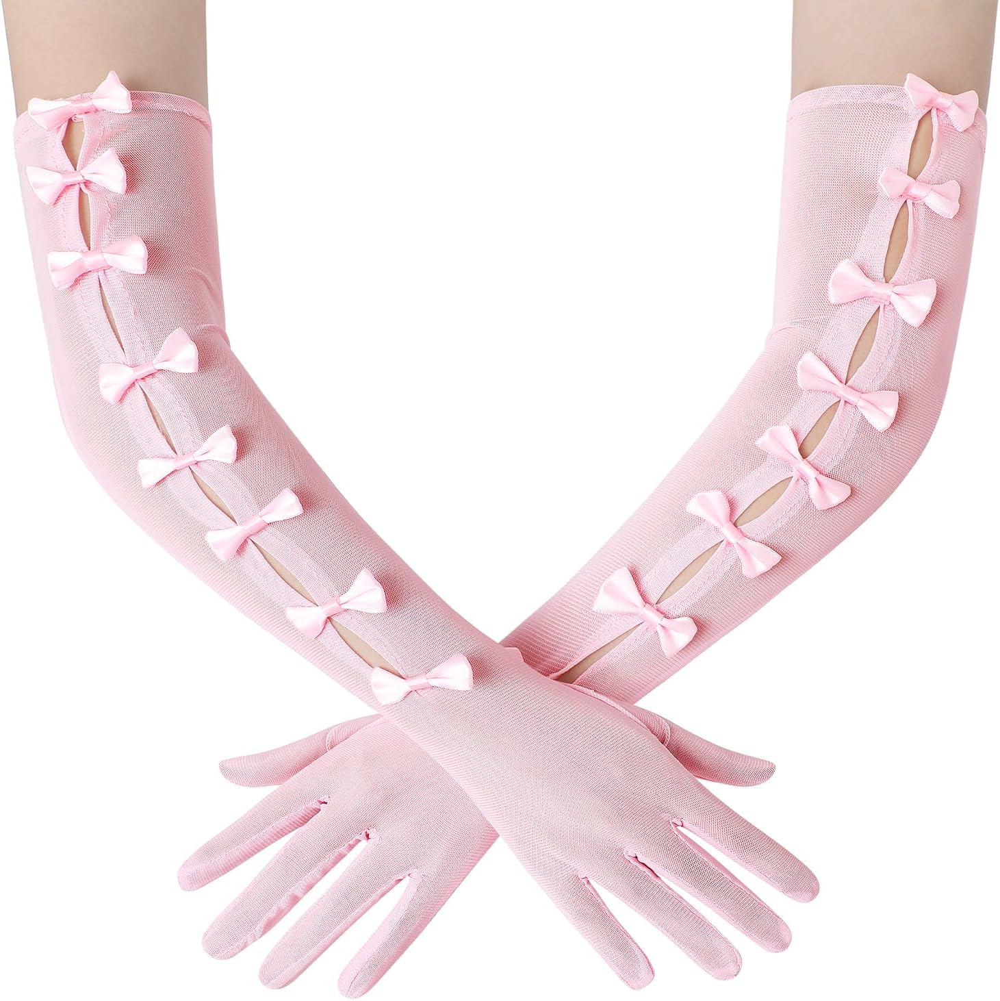 BABEYOND Lace Gloves for Women - Princess Gloves Long Stretchy Bow Mesh Tulle Sheer for Costume Opera Party