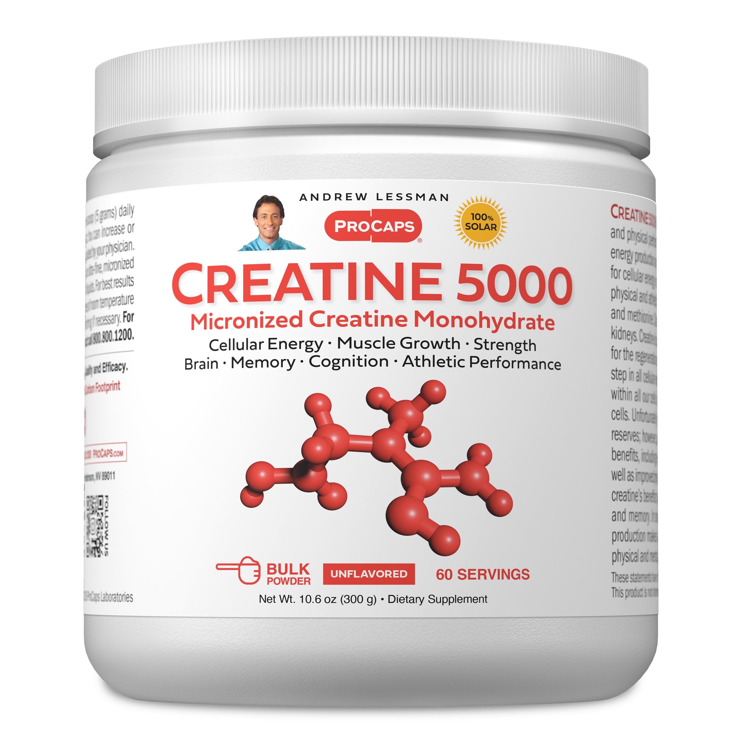 ANDREW LESSMAN Suplemento de Creatina Monohidratada Micronizada em Pó, 5.000 mg, 60 porções