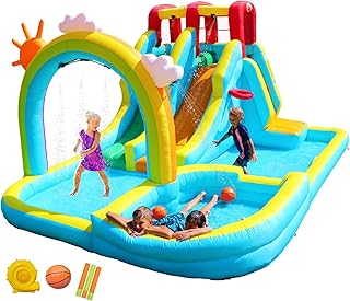 WELLFUNTIME Inflatable Water Double Slides Park with Blower, Bouncy Castle with Rainbow Water Curtain, with Shooting and Rock Climbing
