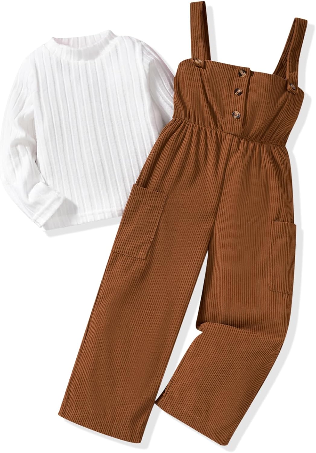 HINTINA Toddler Girl Cloth Long Sleeve Tee Corduroy Button Down Pinafore Overall Jumpsuit 2 Pieces Outfits