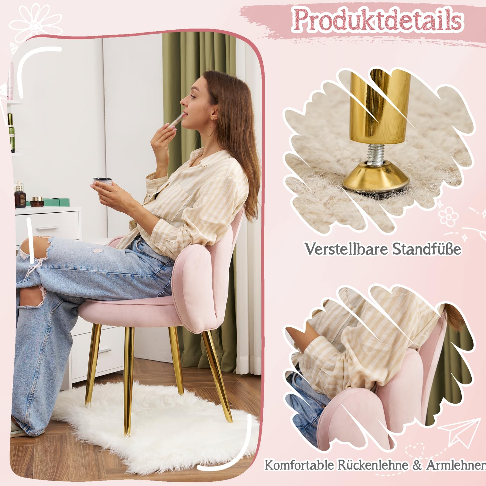 Bonnlo Schminktisch Stuhl mit Blütenblatt-Rückenlehne, Sessel Wohnzimmer, Schminkstuhl, Moderner Esszimmerstuhl mit verstellbaren Goldbeinen & Schleifenkissen für Schlafzimmer, Homeoffice, Rosa