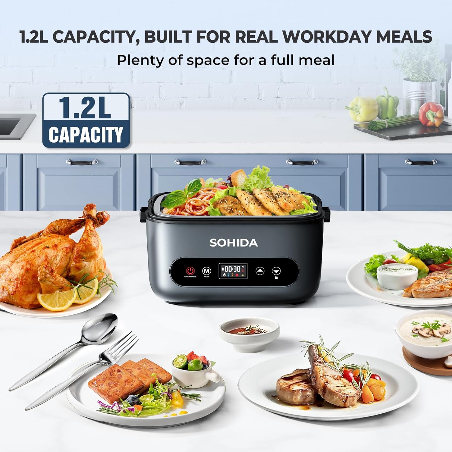 100W Cordless Electric Lunch Box for Adults & Men, Rechargeable Battery Powered Heated Lunch Box, 1.2L Portable Food Warmer Lunchbox with 5-Sided Heating for Work Car Outdoor Use