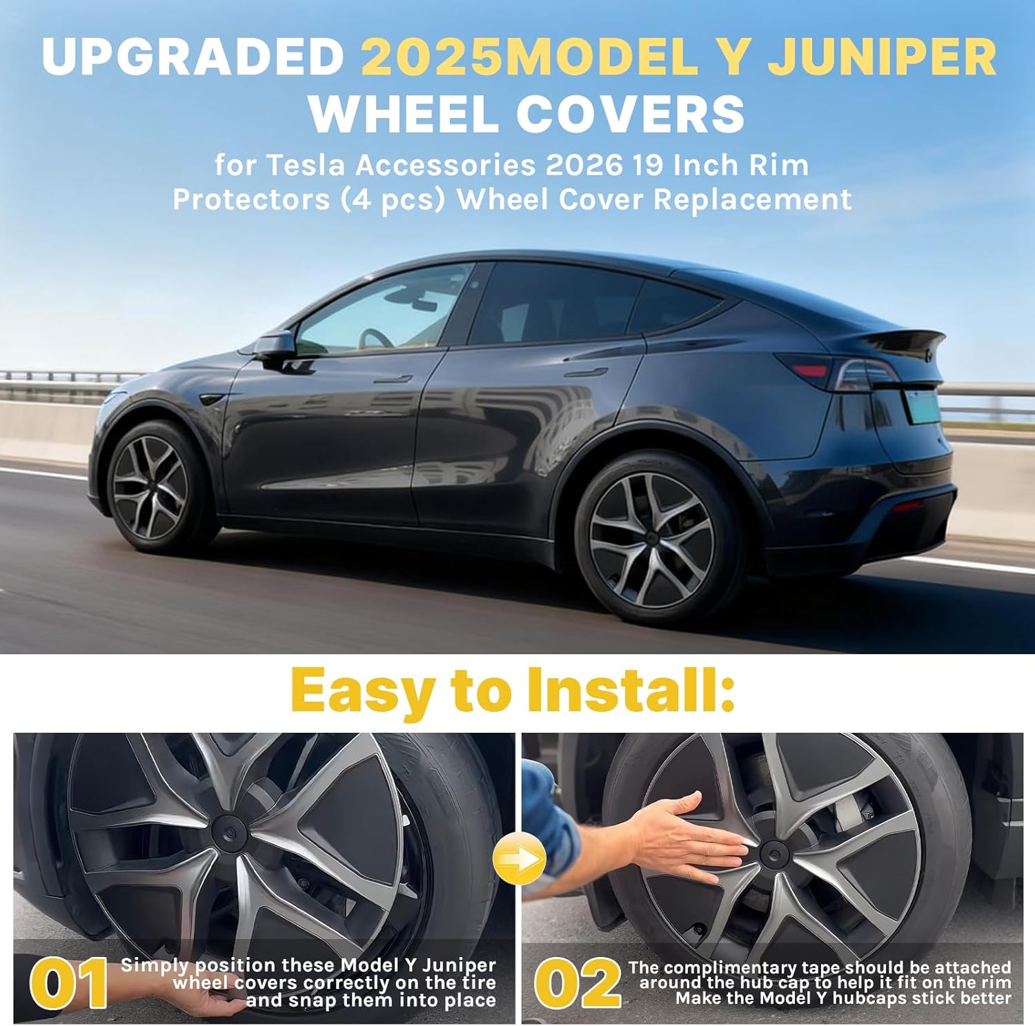 Upgraded Wheel Covers Fits for Tesla Model Y Juniper 19 inch 2025 2026 Wheel Hubcaps, 4 Pcs Rim Protector Easy Snap-On Installation, Wheel Protector Juniper Accessories,Matte Black