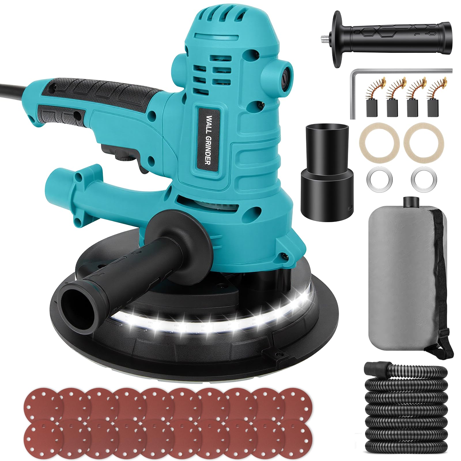 800W Electric Drywall Sander, Variable Speed1200-2300RPM Wall Sander with Vacuum, LED Lights, Dust Bag and Hose, 20 Pcs Sanding Discs, 4Pcs Carbon Brush