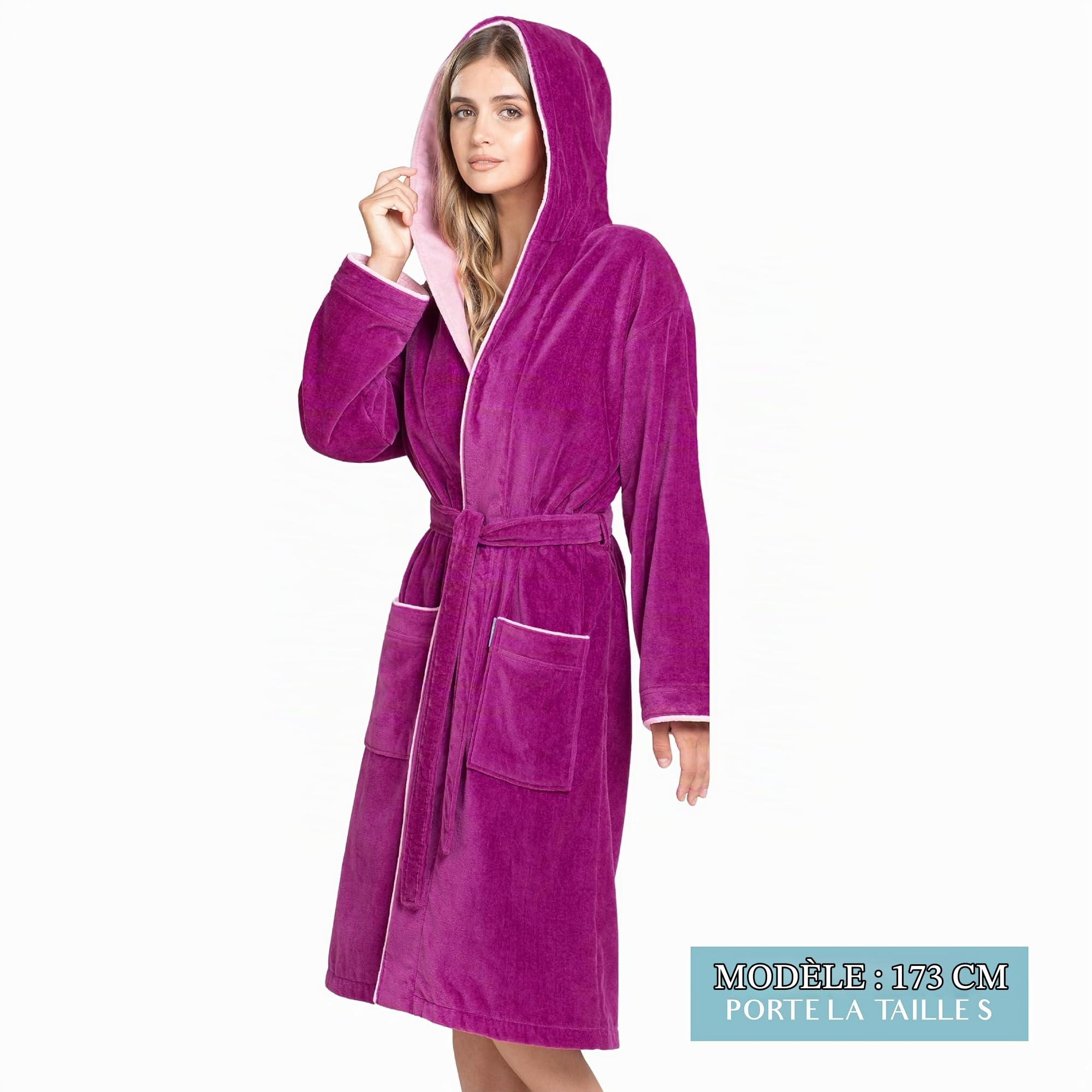 Twinzen Peignoir de Bain Femme avec Capuche - 100% Coton Velours Premium - Robe de Chambre Femme Velours Peignoir Femme Coton OekoTex Ultra Doux