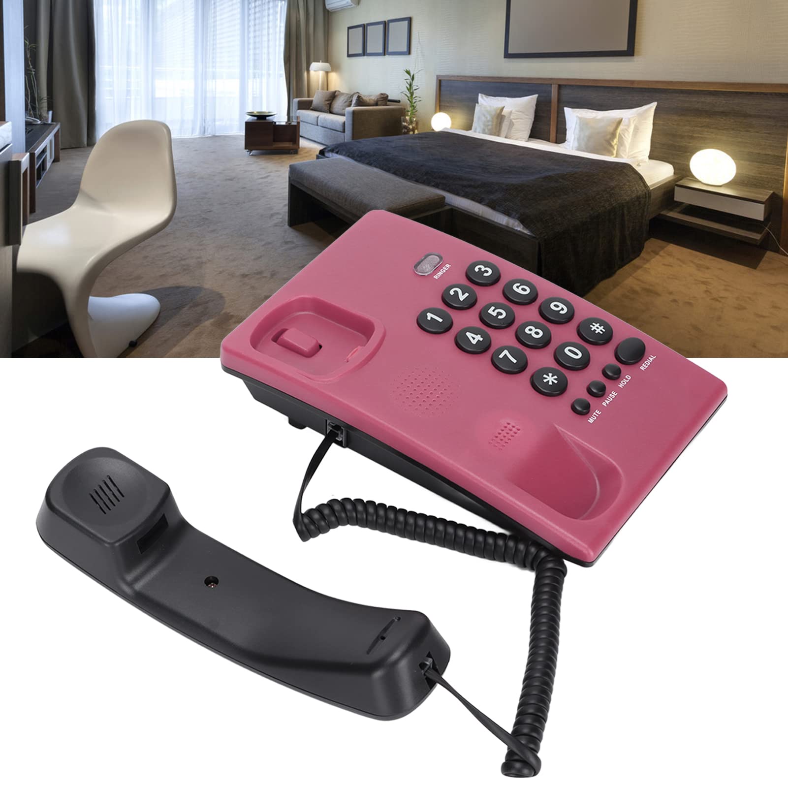 Telefon stacjonarny przewodowy, wielokolorowy telefon stacjonarny z podwójną magnetyczną słuchawką, telefon z dużym przyciskiem Telefon domowy do domowego biura hotelowego, z funkcją pauzy/wyciszeni