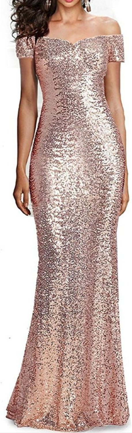 Lorderqueen Women's Sequined Off Shoulder Sweetheart Long Formal Prom Evening Dress