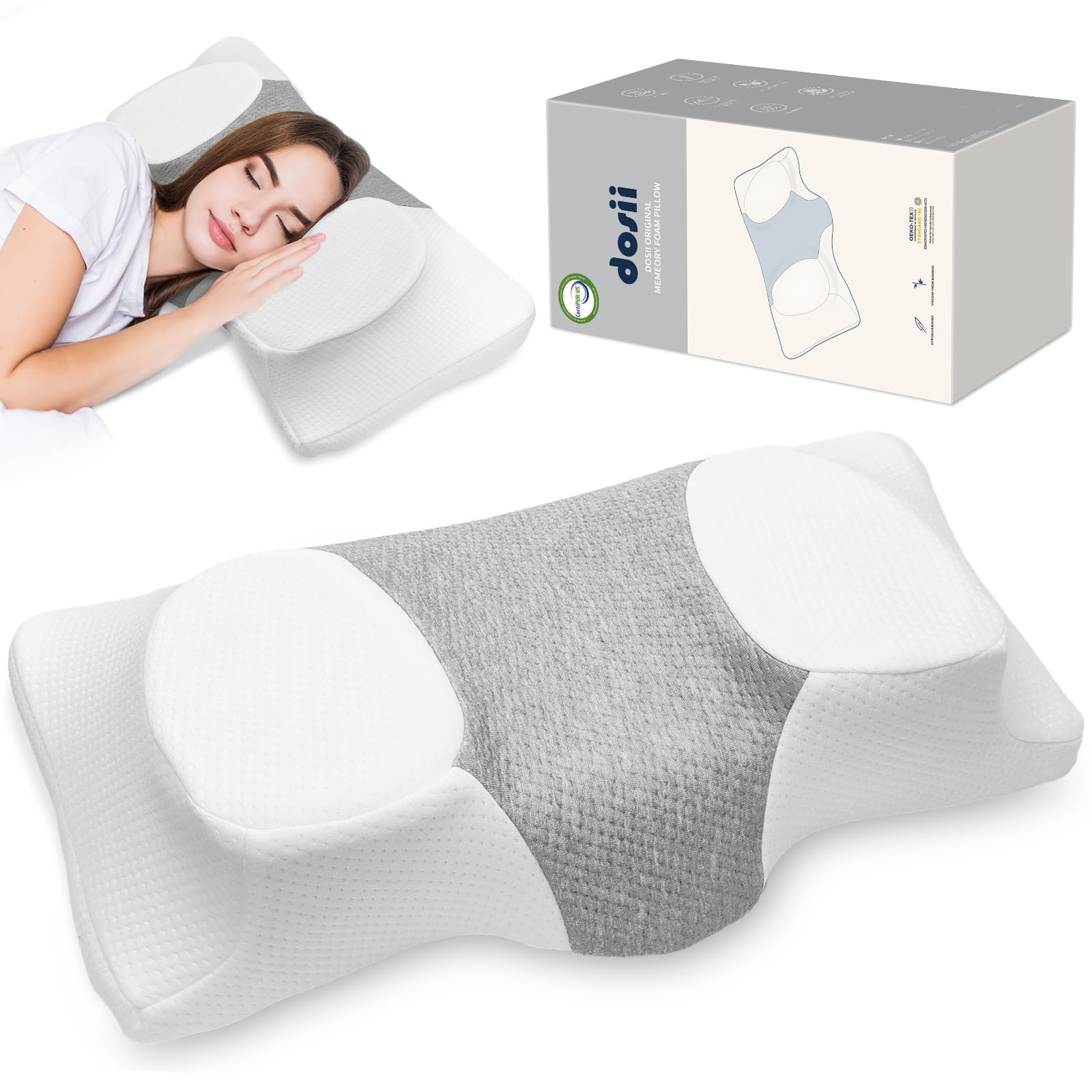 DOSII Cervical Pillow for Pain Relief, Odorless Memory Foam Pillow with Cooling Pillowcase, Adjustable Orthopedic Bed Pillow, Ergonomic Contour Support Neck Pillow for Side Back Stomach Sleeper