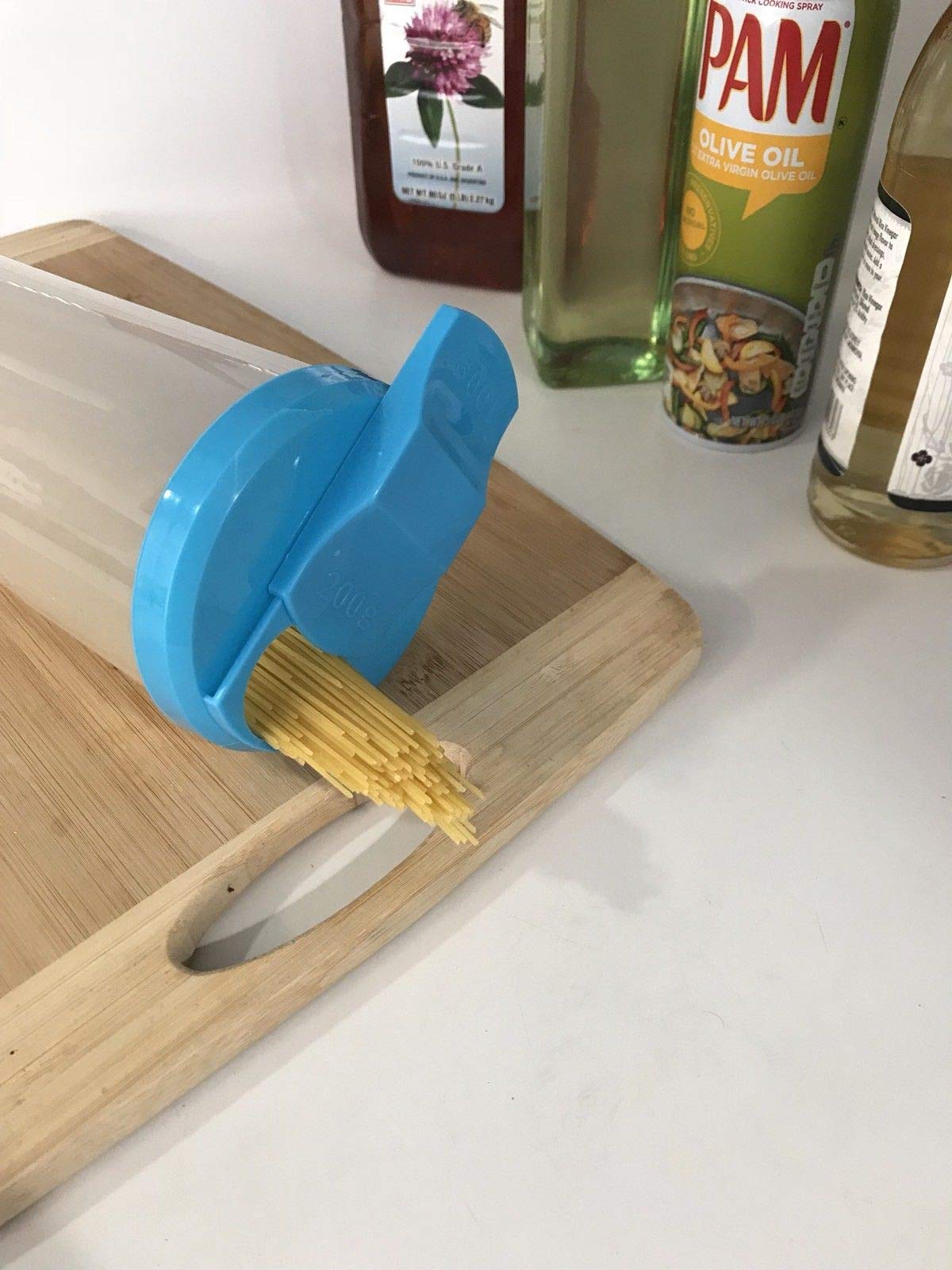 Bella ElectronicsPasta Container Food Storage Spaghetti,Noodle Cereal Keeper Plastic Tall Jar with Lid (Blue)