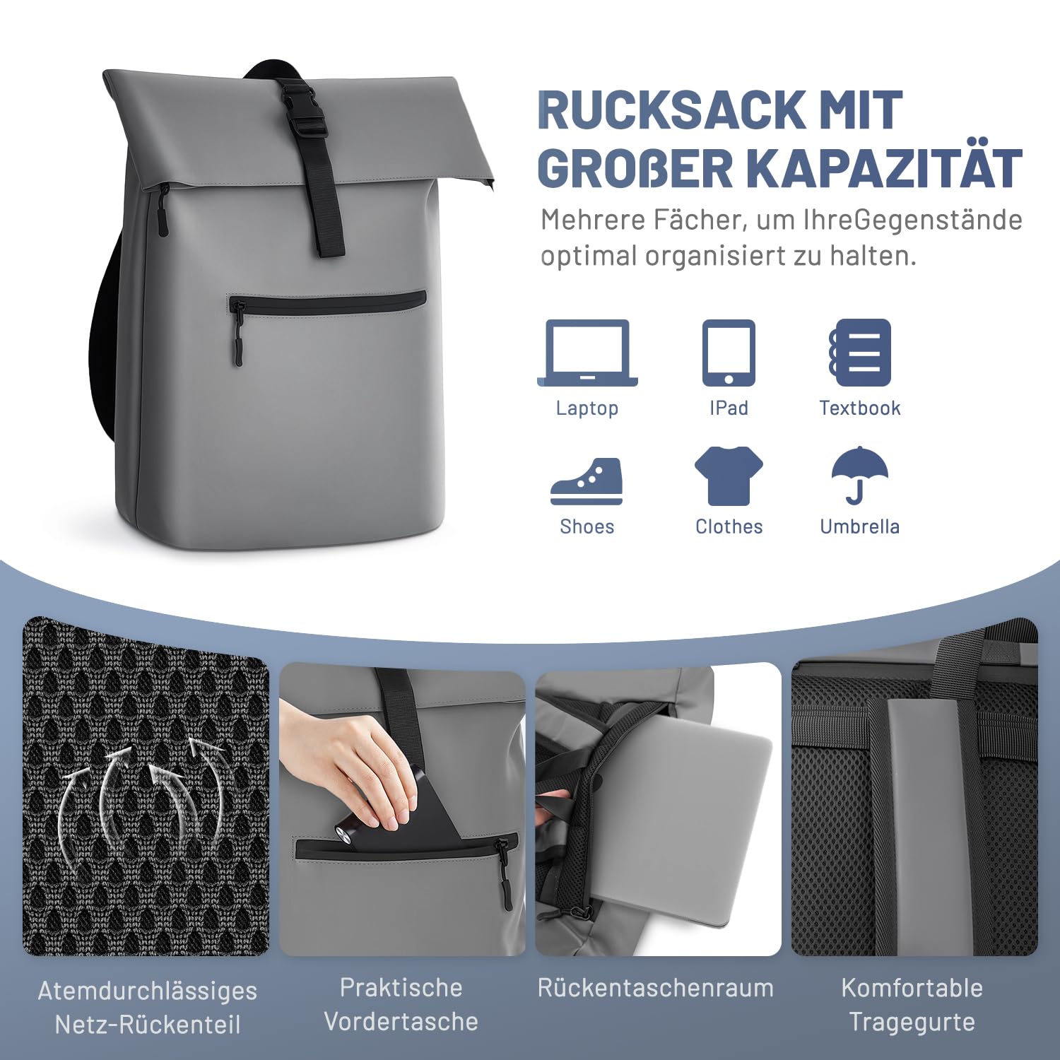 Gloop Rolltop Zaino impermeabile per uomo e donna, grande capacità, design classico con funzionalità, elegante zaino da viaggio per viaggi, ciclismo, Verde lucido, 32x13x46cm