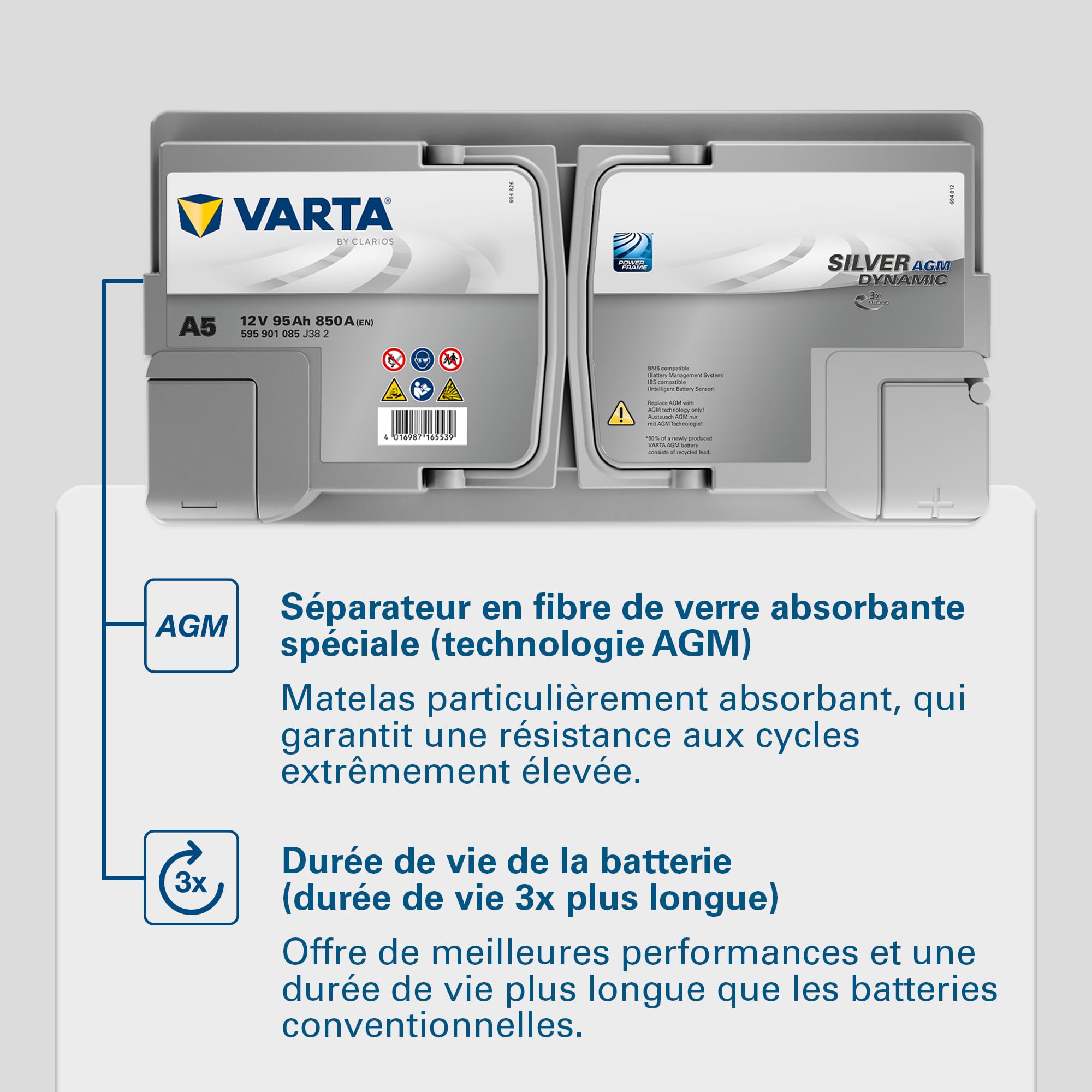Batterie de démarrage XEV Varta Silver Dynamic AGM L5 A5 12V 95Ah / 850A 595901085