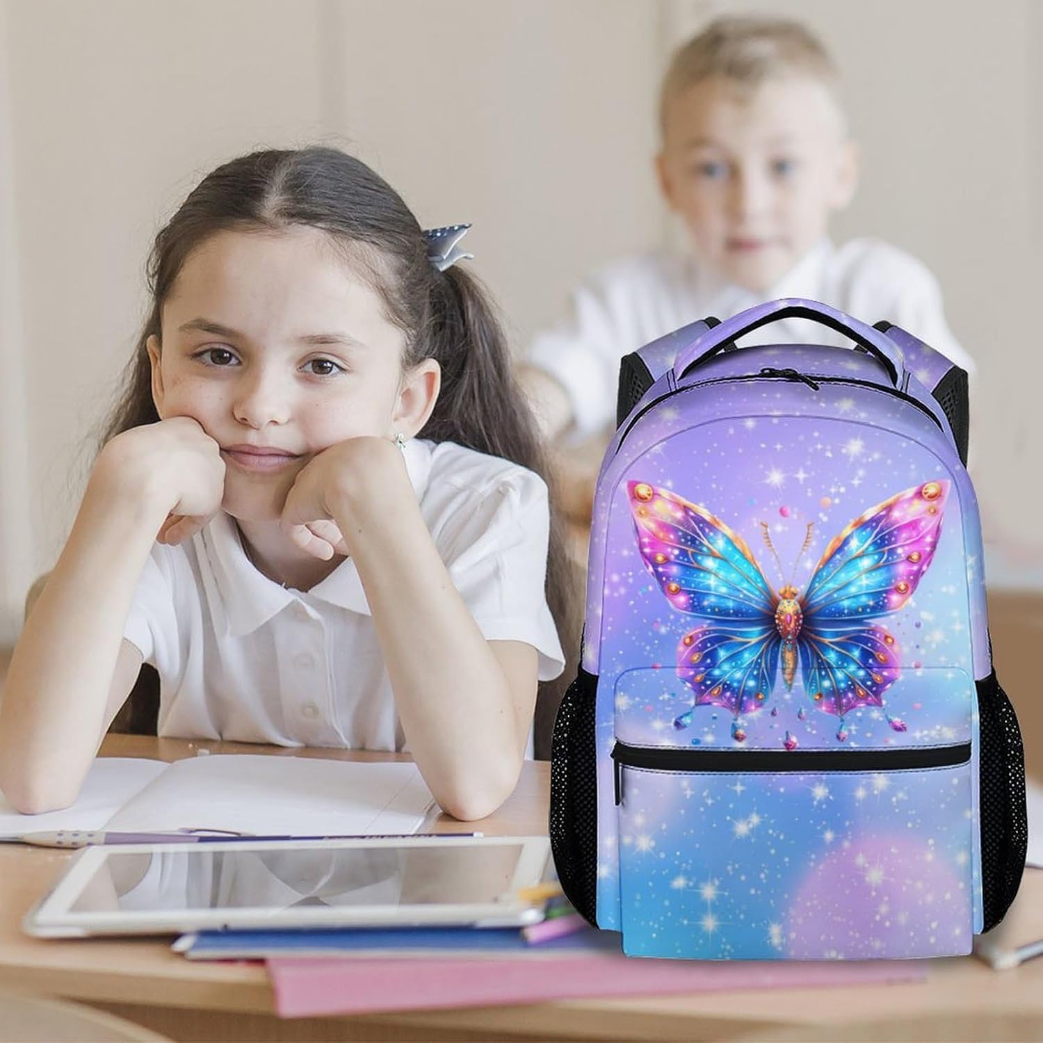 Girls Backpack - Cute Butterfly Bookbag for School, Travel - 17 Inch School Bag for Kids