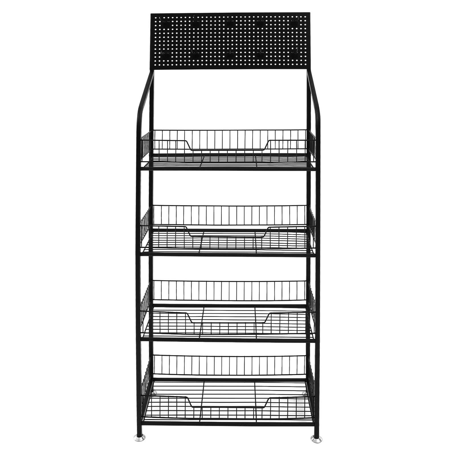 Ghankopd 4 Tier Retail Display Rack Stand Free-Standing Snack Candy Display Organizer Stand Cart Metal Storage Shelf Chip Shelf Rack with 10 Hooks for Stores, Kitchen, Office (Black)