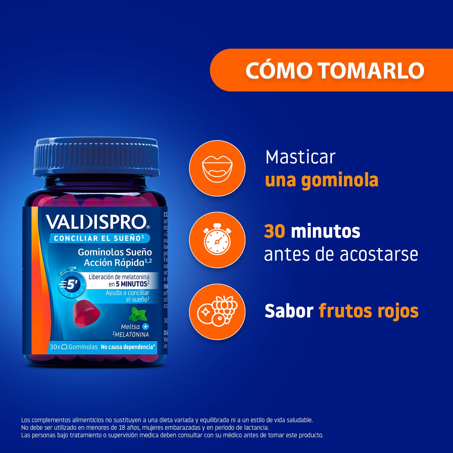 VALDISPRO Sueño Acción Rápida - Gominolas con Melatonina 1,9mg y Melisa para Conciliar el Sueño, Ayuda a Dormir Rápidamente, Sabor Bayas, Vegano, 2x30 Gominolas