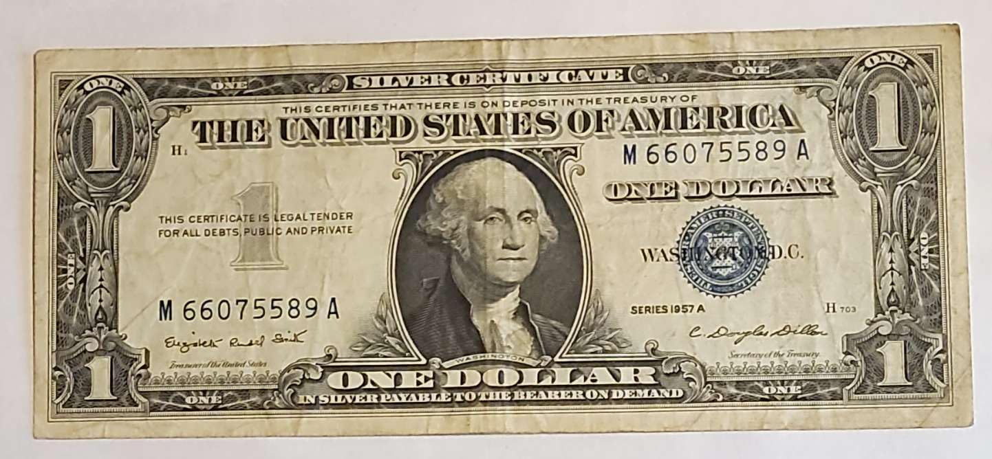 1957 Series A One Dollar Silver Certificate with Vintage US Postage Stamps, Collectible Currency Set