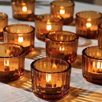 12 Pcs Tea Light Candle Holders, Amber Glass Tealight Holders for Table Centerpiece, Votive Tealight Holders 5cm x 3.5cm Vintage Candle Holder for Weddings, Birthday Parties, Home Decor, Table Decor