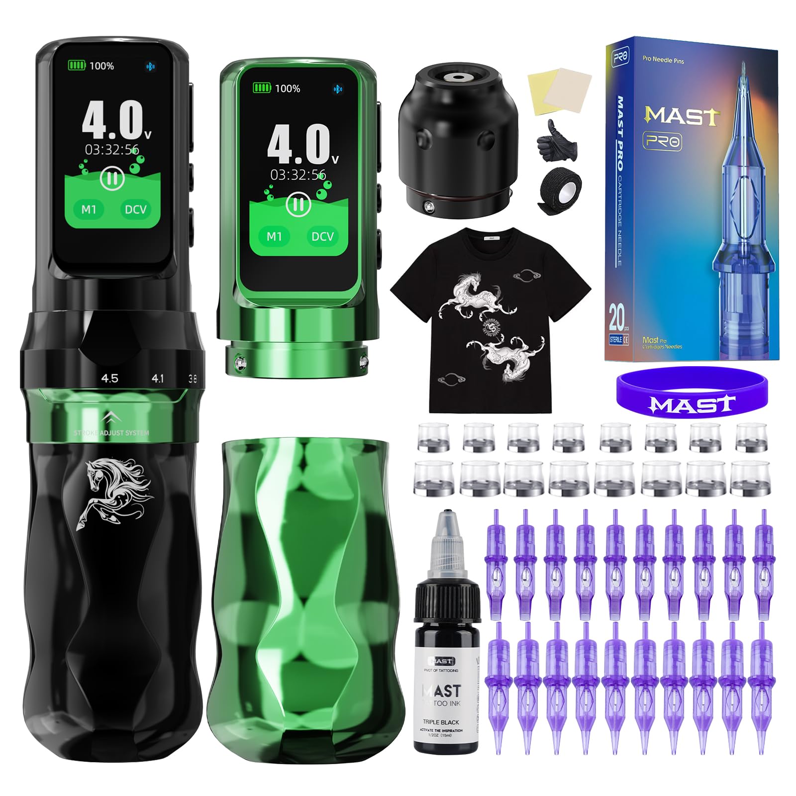 Photo 1 of Mast Tattoo Fold Pro Cordless Tattoo Gun Kit Year of the Horse Edition Tattoo Machine 20 Pro Needles Black Tattoo Ink for Professional Artists Complete Tattoo Supplies (Green)