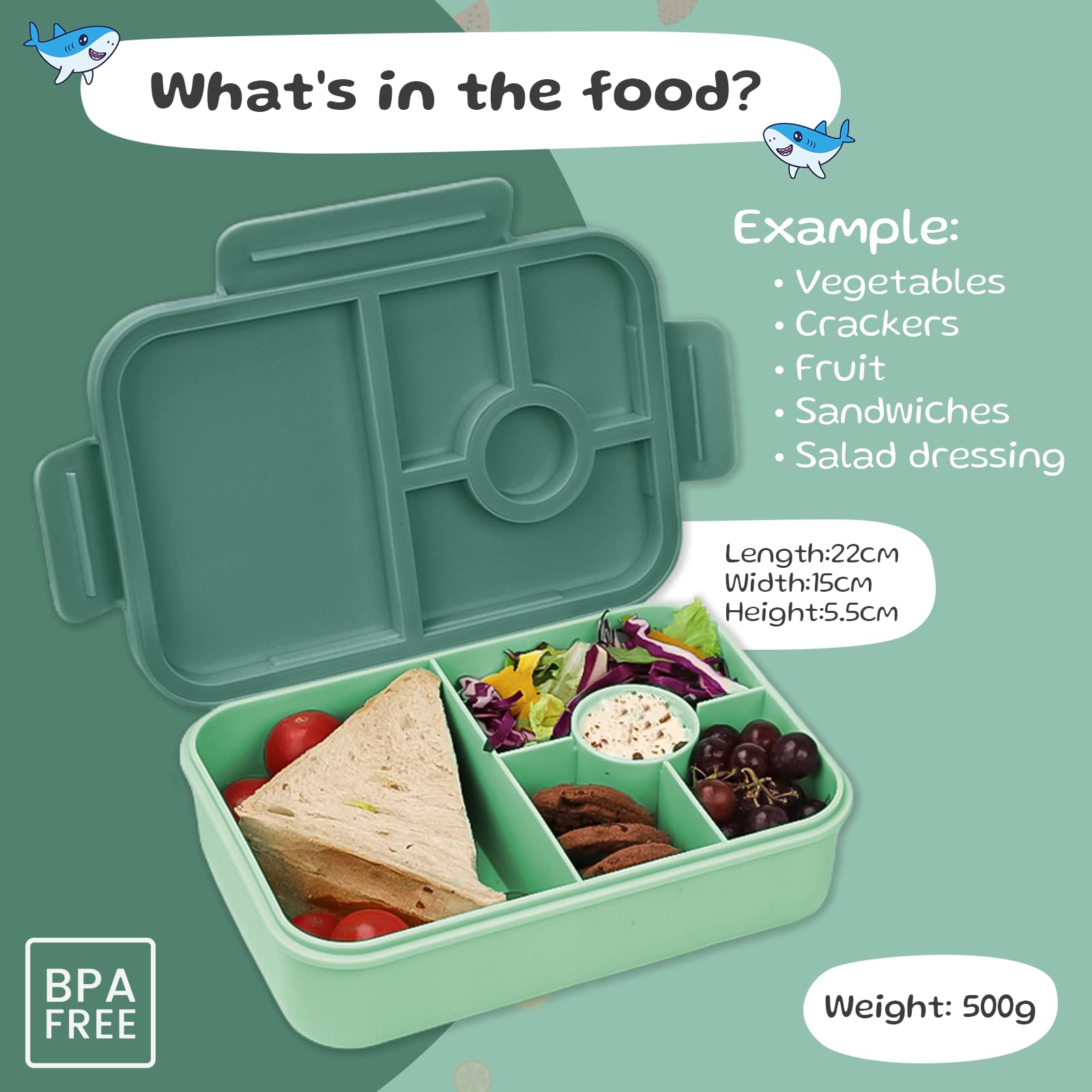 Bugucat Lonchera Bento de 1300 ml con 16 calcomanías, a prueba de fugas, con 4 compartimentos, cubiertos para niños y adultos, caja de aperitivos para escuela, jardín de infantes, oficina, color verde