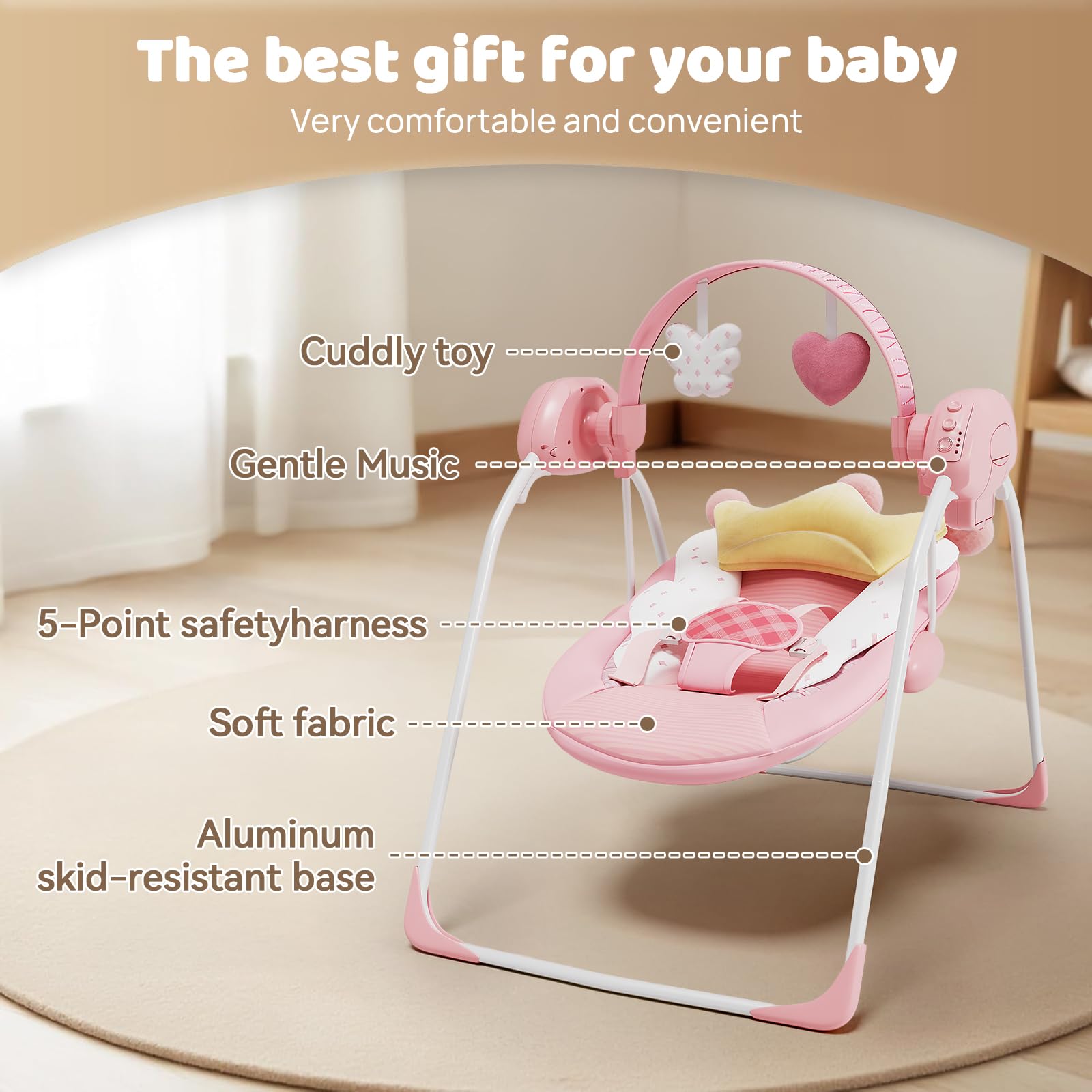 Baby Swings for Infants, Baby Girl Swing for Newborn, Portable Infant Swing with Music, Adaptable Speed, Timing, Soft Cushion, 0-9 Months 20 lbs(Pink)