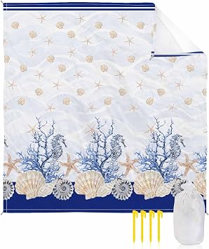 Seahorse Coral Shell Beach Blanket Waterproof Sandproof, Starfish Ocean Wave Blue Beach Mat Quick Drying Outdoor Picnic Mat 118" x 108" for 1-8 Adults, Essentials for Travel Camping Hiking