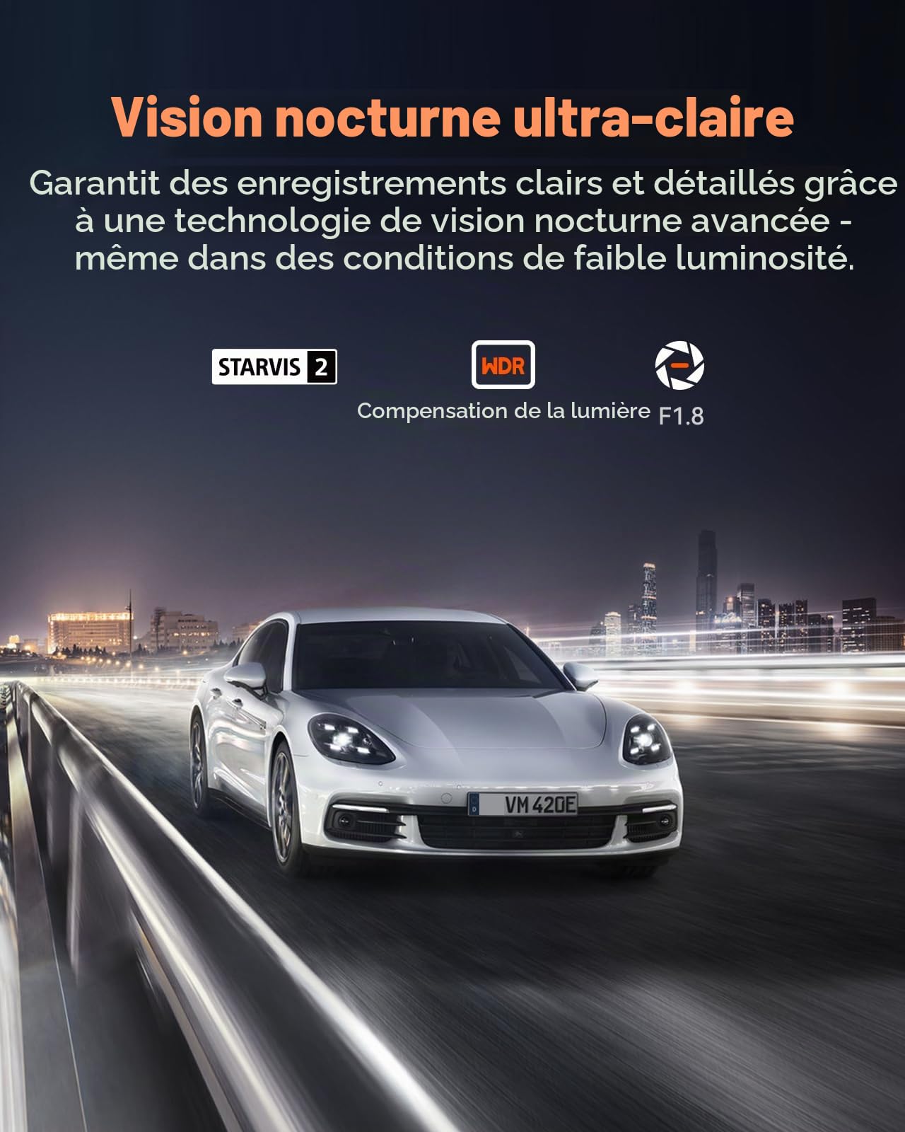 Caméra arrière 2,7 K pour VANTRUE E360 / E2, caméra arrière WDR avec Starvis 2, super vision nocturne, ouverture F1.8, grand angle 160°, câble USB C, support adhésif réglable, pour voiture, SUV,
