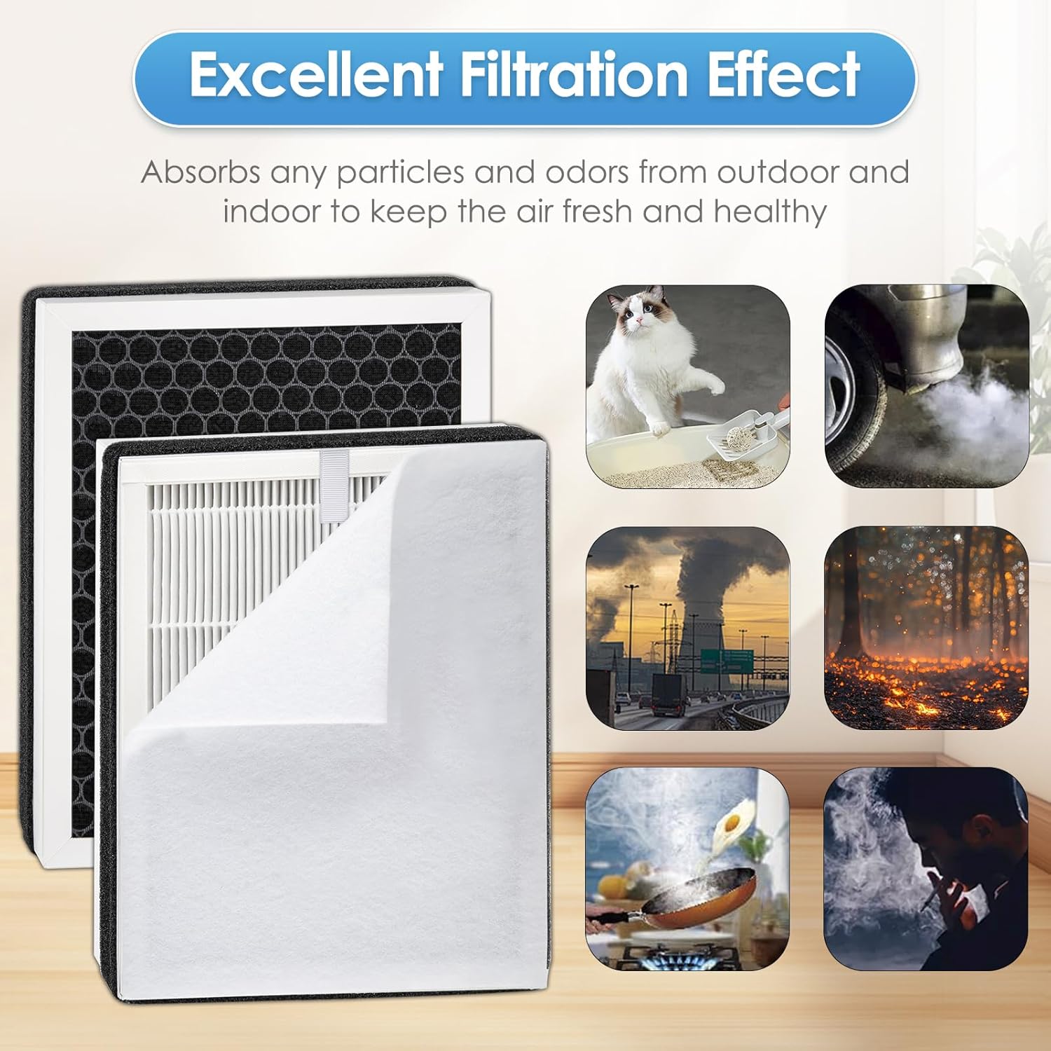 2 Pack KJ102 Replacement Filters for Mooka KJ102 Air Purifier, H13 True HEPA Filter, 3-in-1 Activated Carbon Filter, with 2 Pieces Washable Pre-Filters - Image 8