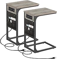 Vista 1 de TUTOTAK C Shaped End Table with Charging Station, Side Table for Sofa, Couch Table with Storage Bag, Set of 2, TV Tray Table with 2 USB Ports and