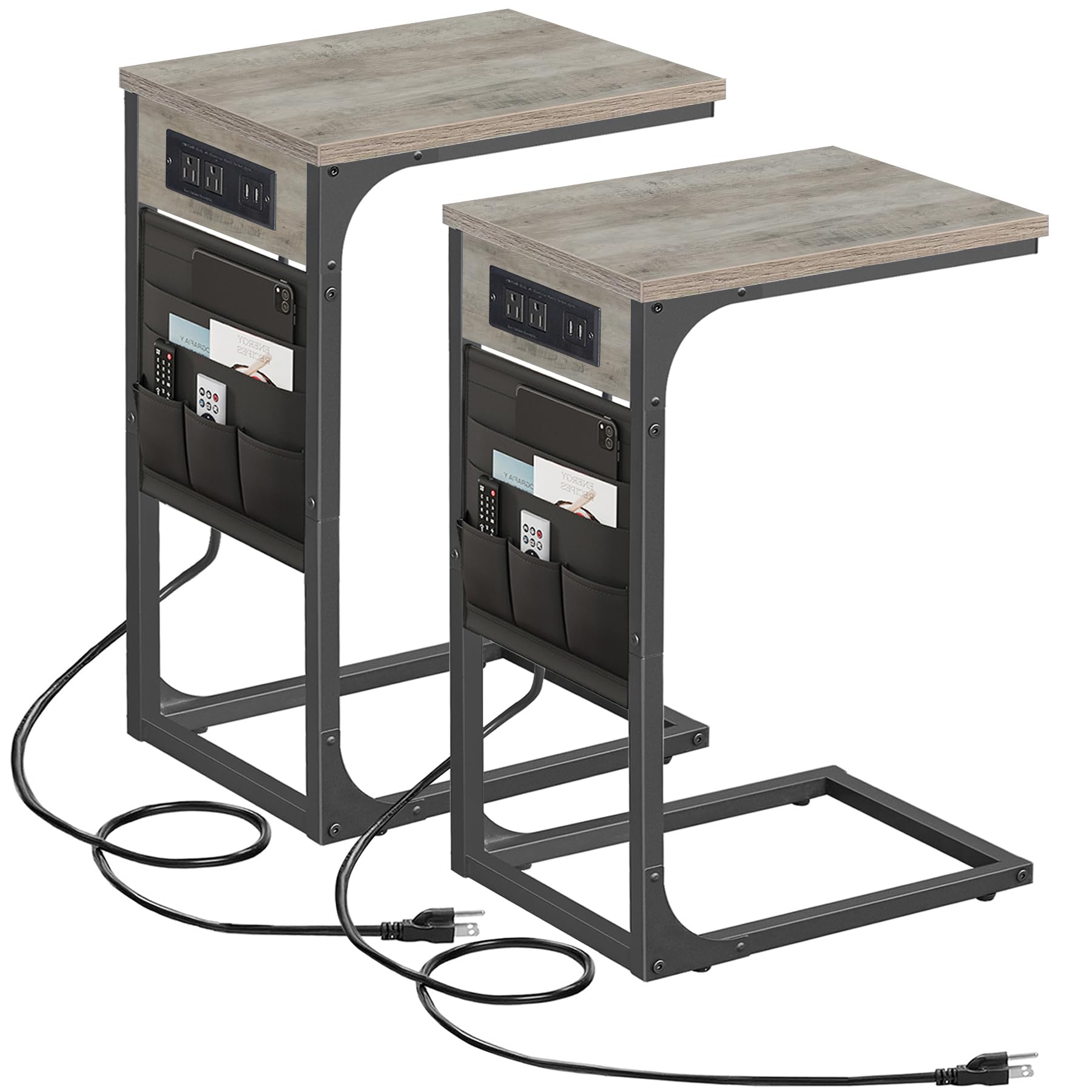 TUTOTAK Slim End Table with Charging Station, Side Table with 2 USB Ports and Outlets, C-Shaped Snack Table with Cloth Bag, Set of 2, TV Tray Table, Couch Table TB01BG0242