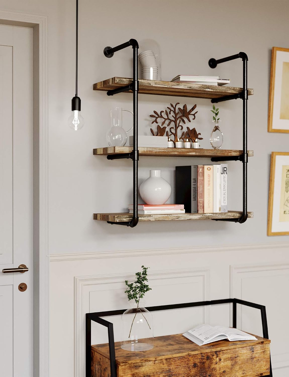 IRONCK Industrial Shelving Pipe Shelf 3-Tier, Planks Included, Rustic Home Decor Wall Decor, Wall Shelves for Bedroom, Bathroom, Kitchen