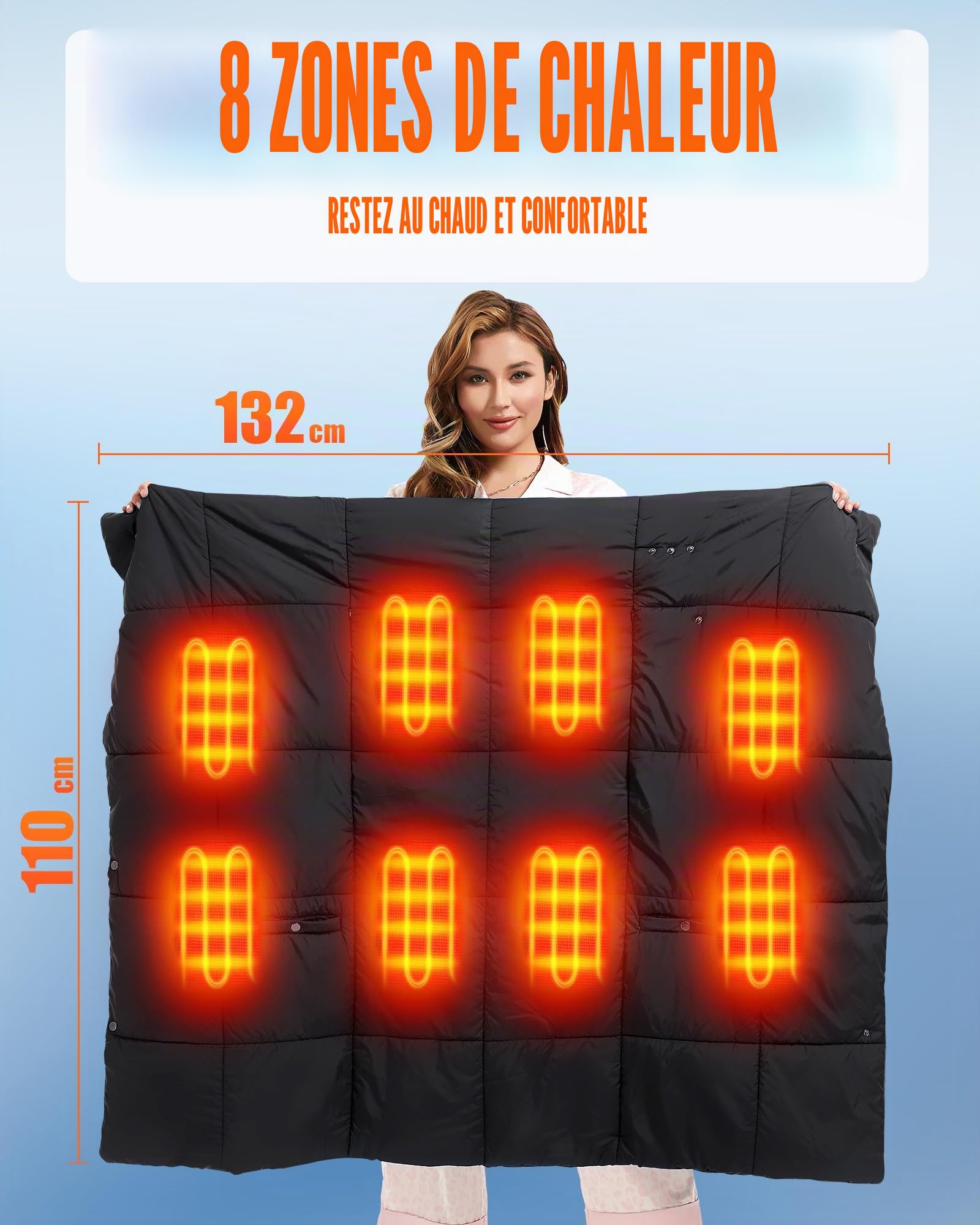 Couverture chauffante sans fil avec batterie 20 000 mAh 7,4 V pour homme et femme - Couverture chauffante électrique portable avec 8 zones de chauffage et 3 niveaux de température pour la maison et le