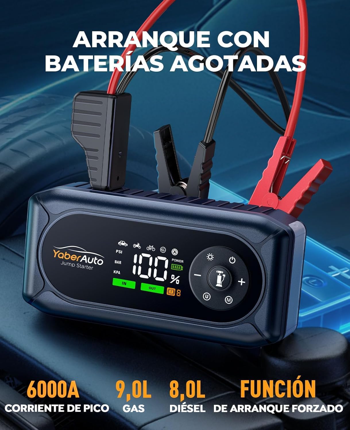 Arrancador de Baterias de Coche con Compresor de Aire, 6000A YaberAuto Arrancador de Coche Portatil (9,0L Gas/8,0L Diesel) con 150PSI Inflador, Guantes Aislantes, Pantalla Grande y Linterna LED