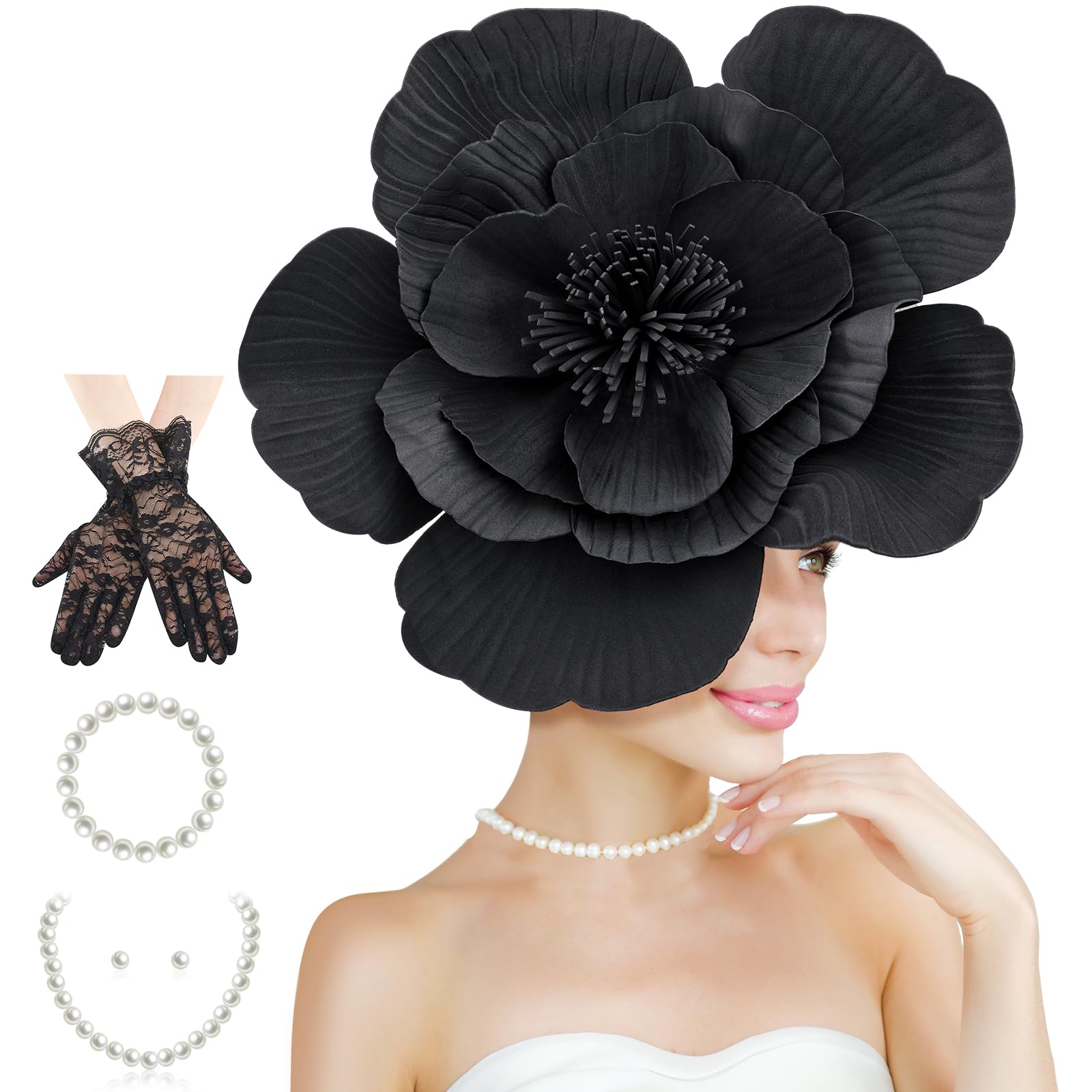 Ecation Large Flower Fascinators for Women Tea Party Fancy Hats and Gloves Set for Women Tea Party Wedding Accessories(Black)