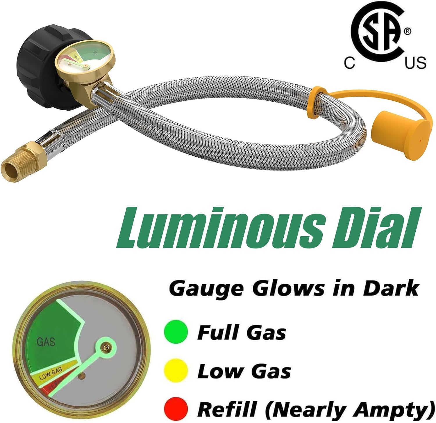 GardenNow 2 PCS RV Propane Hoses with Gauge, 24 Inch Stainless Steel Braided Camper Tank Hose, Rv lp Gas Hoses Connector for Standard Two-Stage Regulator, 40Lb 250PSI, 1/4" NPT /QCC1 Fittings