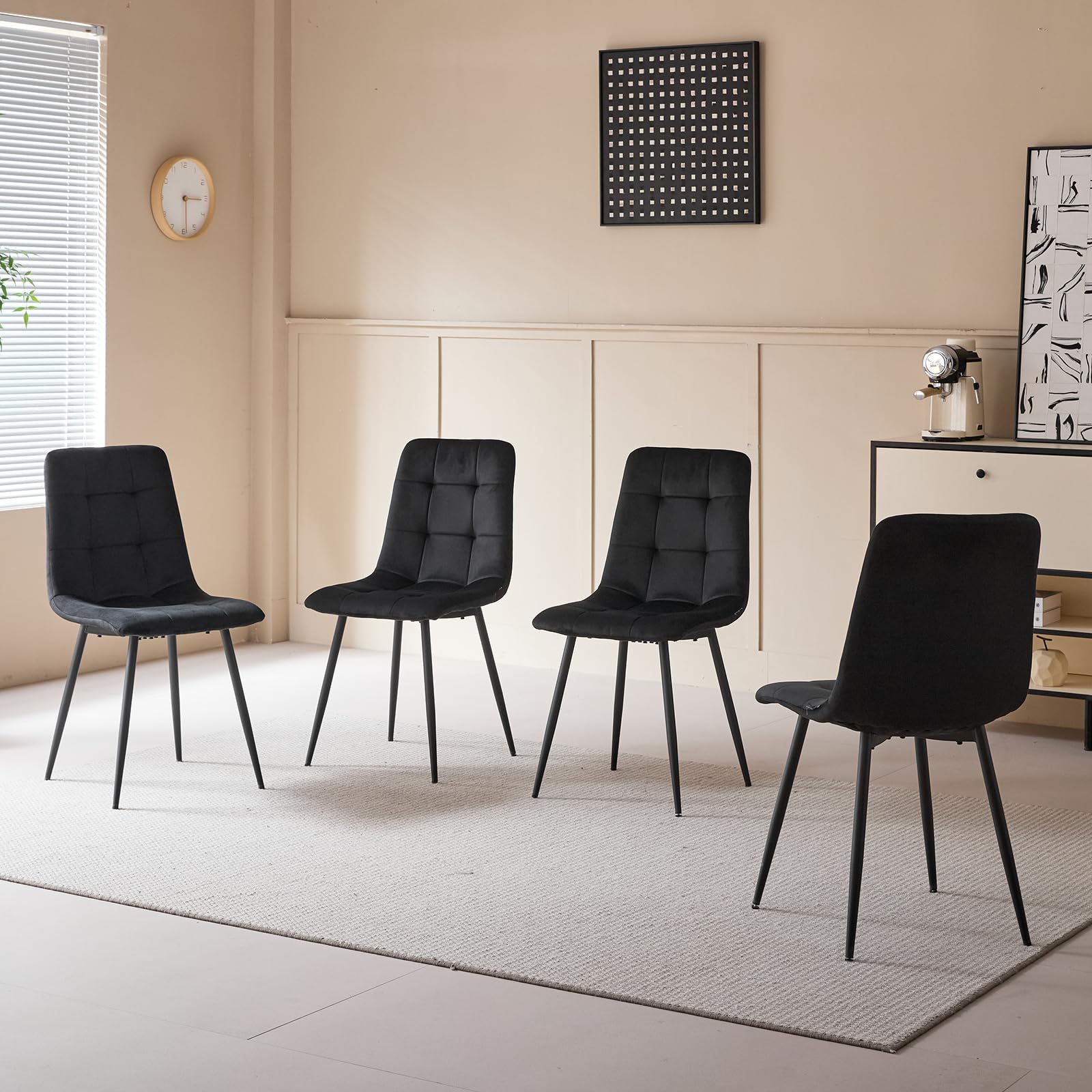 Lot de 4 Chaises de Salle à Manger Modernes, Confortables, en Velours Hollandais, sans Accoudoirs, avec Pieds en Métal, Idéales pour Les Chambres, Les Bureaux et Les Salons, Noires - HL